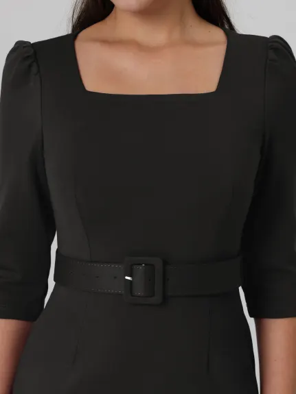 Hobemty- Square Neck Puff Sleeve Belted Pencil Dress