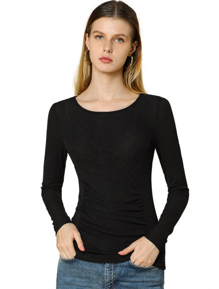 Allegra K- Round Neck Long Sleeve Fitted Ruched Top