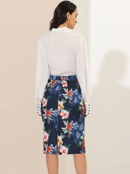 Allegra K- Back Slit Floral Knee Length Pencil Skirt