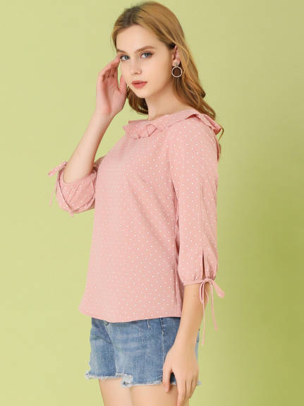 Allegra K- Ruffled Neck Half Sleeve Sheer Polka Dots Blouse