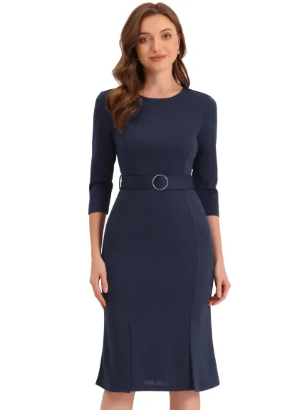 Allegra K- Elegant Sheath Belt Pleated Midi Dress