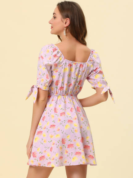 Allegra K- Floral Sweetheart Neck Flare A-Line Mini Dress