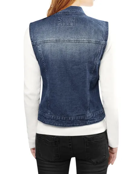 Allegra K- Gilet boutonné en denim délavé avec poches à rabat