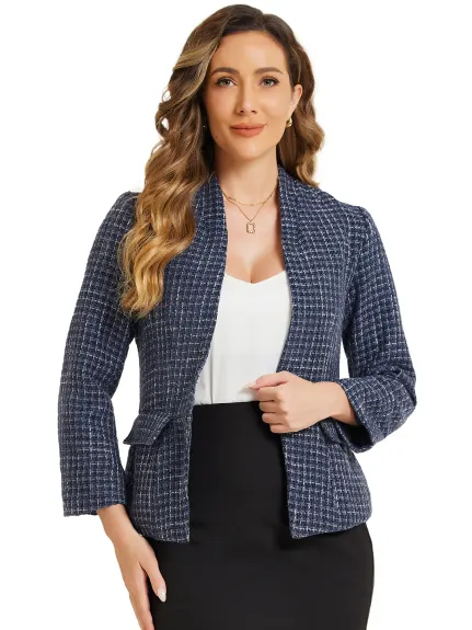 Allegra K- Vestes blazer à manches longues en tweed à carreaux