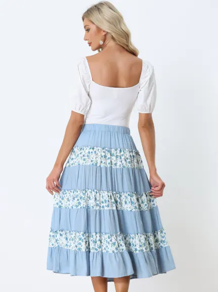 Allegra K- Elastic Waist Floral Midi Tiered Skirt