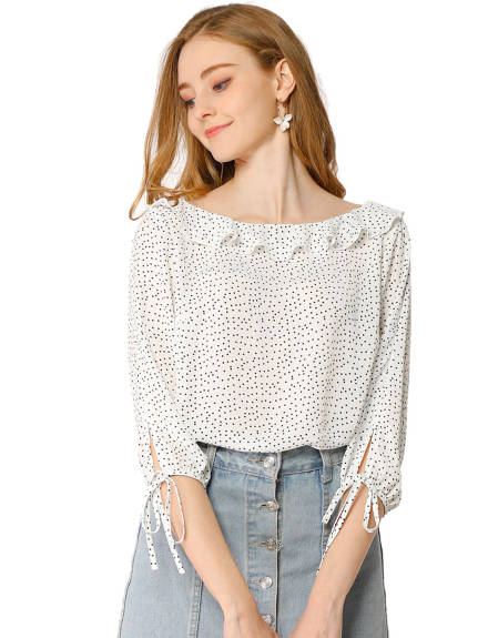 Allegra K- Ruffled Neck Half Sleeve Sheer Polka Dots Blouse