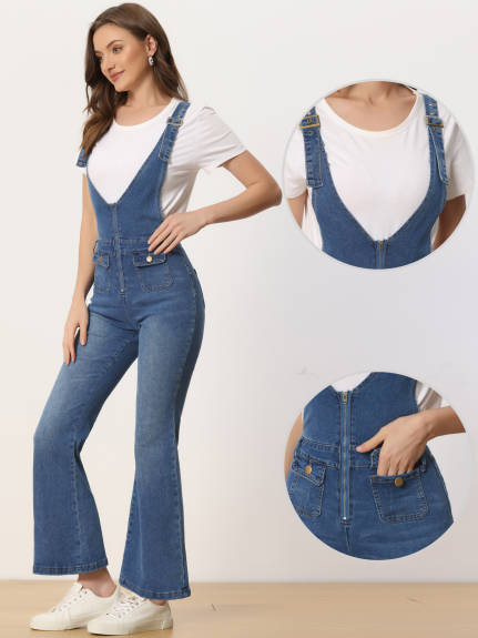 Allegra K - Bell Bottom Adjustable Bib Jeans Denim Pants