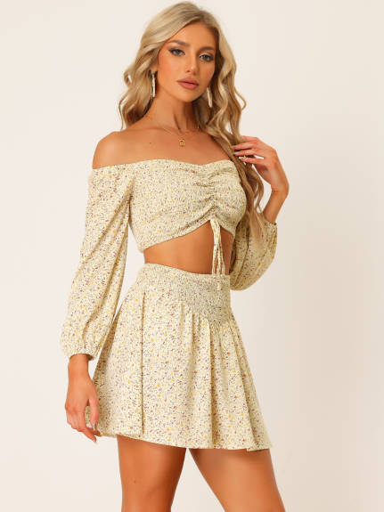 Allegra K- 2 Piece Outfit Floral Off Shoulder Smock Top and Mini Skirt