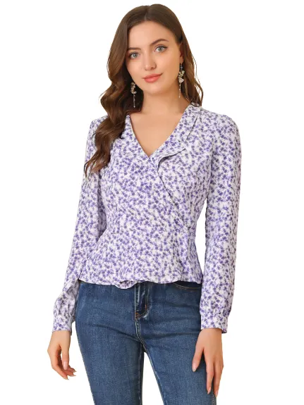 Allegra K - Floral Long Sleeve Chiffon Ruffle Wrap Top