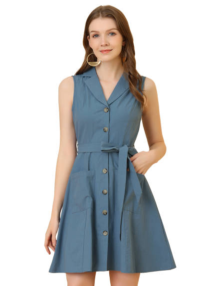 Allegra K- Belted Sleeveless Flare Shirt Dress