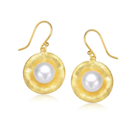 Genevive Sterling Silver 14k Gold Plated with Genuine Freshwater Round Pearl Curvy Earrings