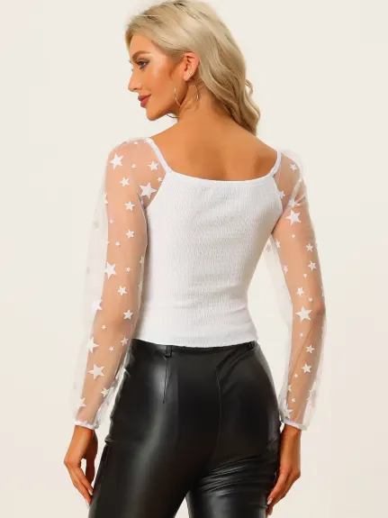 Allegra K - Sheer Star Sleeve Smocked Crop Top