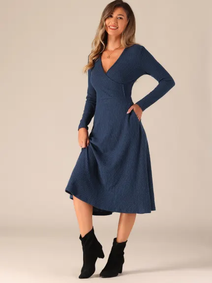 Allegra K- Ribbed Knit Long Sleeve A-Line Wrap Dress