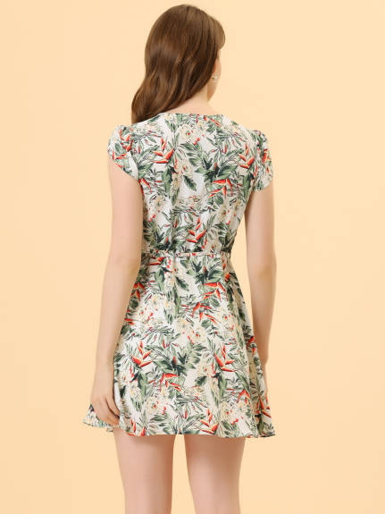 Allegra K- Floral Crossover V Neck Petal Sleeves Belted Dress