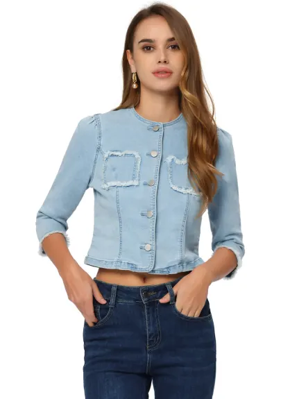 Allegra K- Veste courte en jean manches 3/4 effilochée