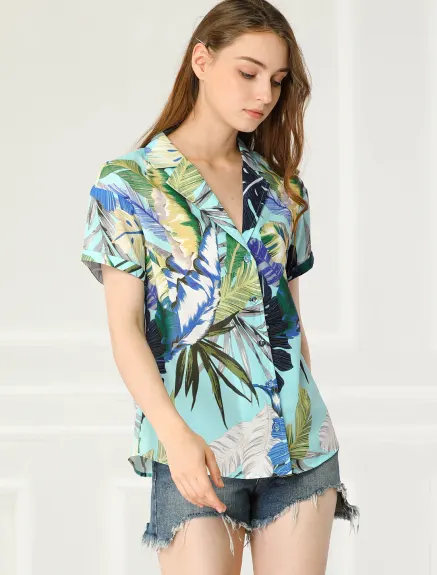 Allegra K - Chemise boutonnée à feuilles florales tropicales de plage