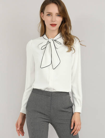 Allegra K- Long Sleeve Bow Tie Shirt