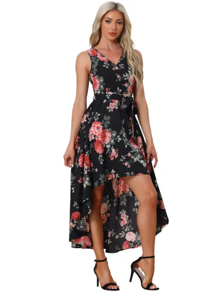 Allegra K - V Neck Floral High Low Maxi Dress