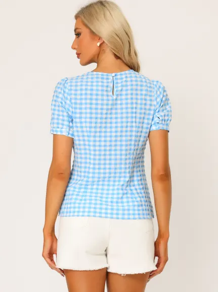 Allegra K- Gingham Puff Short Sleeve Vintage Blouse