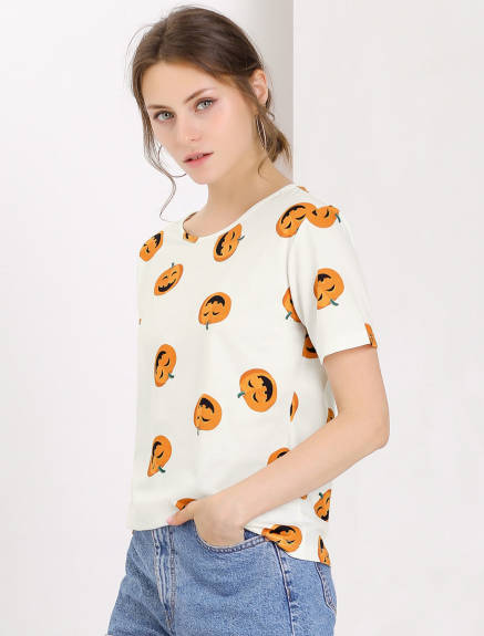 Allegra K- Short Sleeve Pmpkin Banana Print Cute T-Shirt