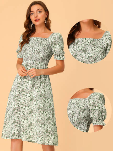 Allegra K- Square Neck Puff Sleeves Midi Smocked Floral Dress