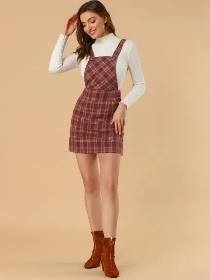 Allegra K- Mini jupe à bretelles à carreaux pour femme