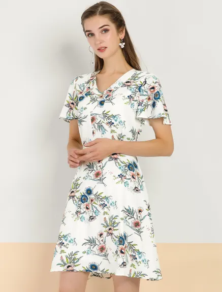 Allegra K- Floral Short Sleeves A-Line Dress