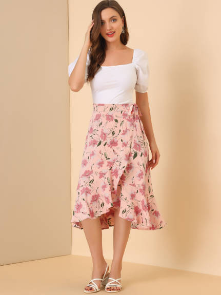 Allegra K- Tie Ruffle Split Midi Floral Wrap Skirt