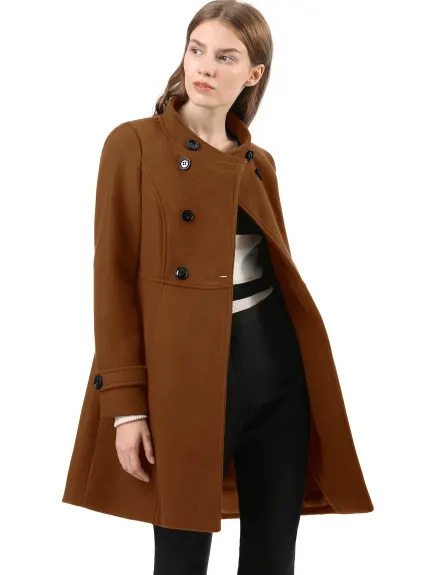 Allegra K- Stand Collar Long Sleeves Double Breasted Coat