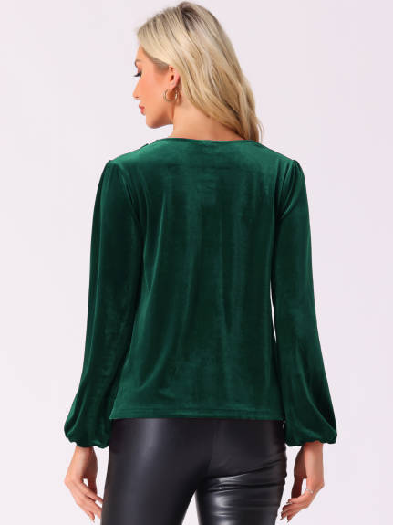 Allegra K - Cowl Neck Lantern Long Sleeve Velvet Blouse