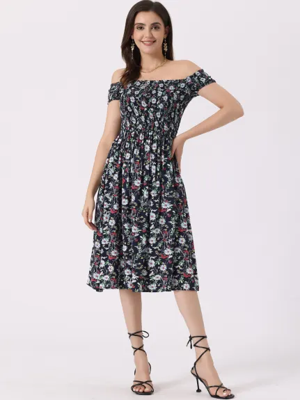 Allegra K- Off Shoulder Floral Smocked Dress