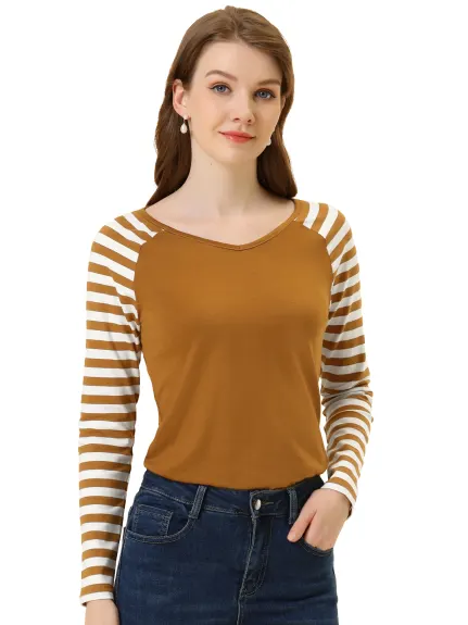 Allegra K- Stripe Raglan Long Sleeve V Neck T-Shirt