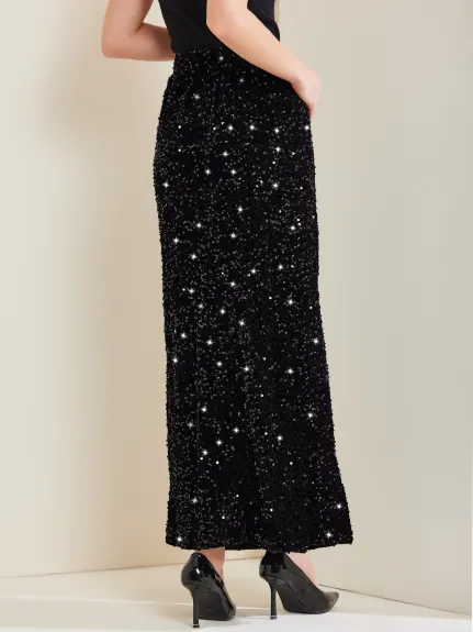 Allegra K - Elastic Waist Sequin Velvet Maxi Skirt