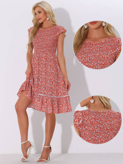 Allegra K - Fit and Flare Floral Midi Smocked Dress