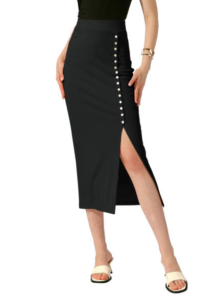 Allegra K - Side Split Ribbed Knit Pencil Skirt