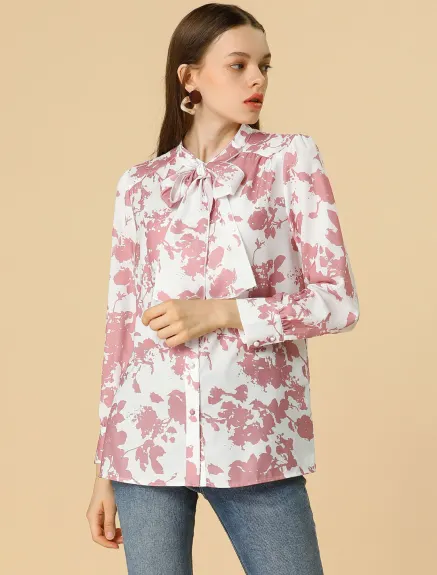 Allegra K- Bow Tie Long Sleeve Contrast Color Floral Blouse