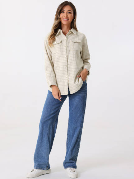 Allegra K - Long Sleeves Loose Tweed Shirt Jacket