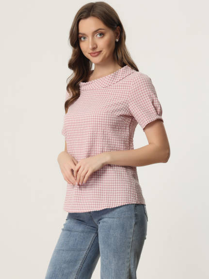 Allegra K - Round Collar Short Sleeve Gingham Top