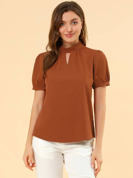 Allegra K- Keyhole Short Puff Sleeve Mock Neck Blouse