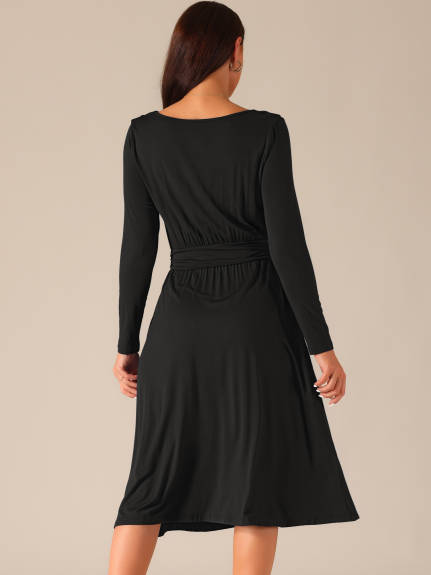 Allegra K - Long Sleeve Crewneck Midi Dress with Pockets