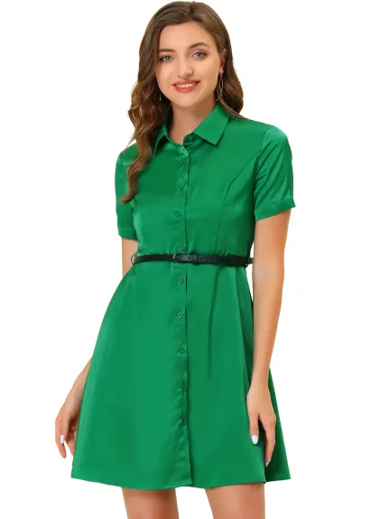 Allegra K- Satin Short Sleeve Button Down Belted Shirt Dress