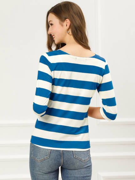 Allegra K- Boat Neck Elbow Sleeve Slim Fit Stripe T-Shirt