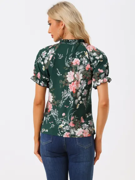 Allegra K- Floral Short Sleeve Ruffle Neck Blouse