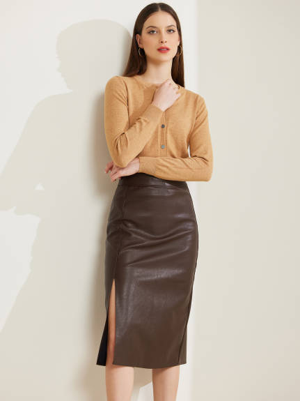 Allegra K - Faux Leather Side Slit Pencil Skirt