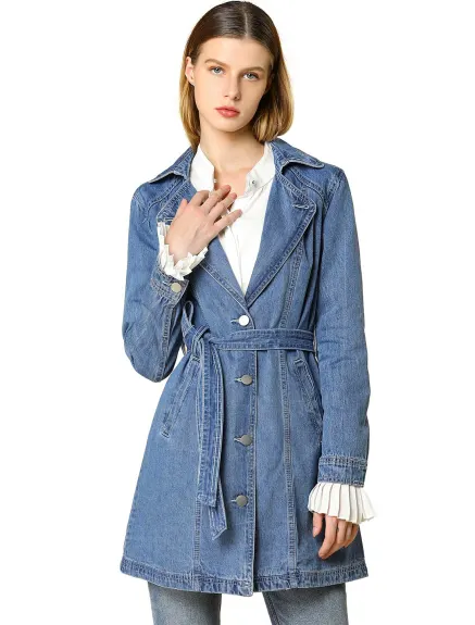 Allegra K - Veste longue en jean avec ceinture et bouton à revers cranté