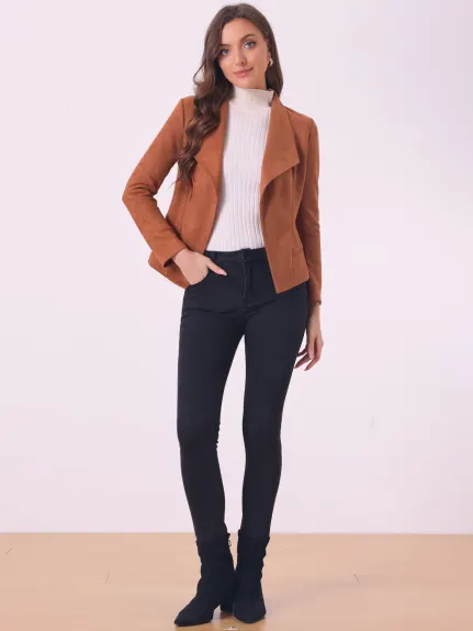 Allegra K- Cardigan veste drapée à revers ouvert en faux suède