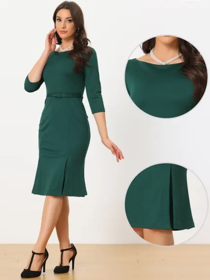 Allegra K- Elegant Boat Neck Half Sleeve Pleated Midi Dress