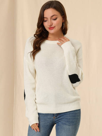 Allegra K- Drop Shoulder Elbow Cat Patch Loose Pullover Sweater