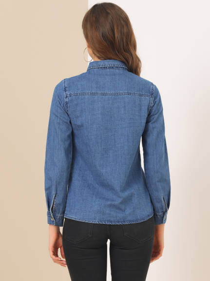 Allegra K- Long Sleeve Button Down Jean Denim Shirt