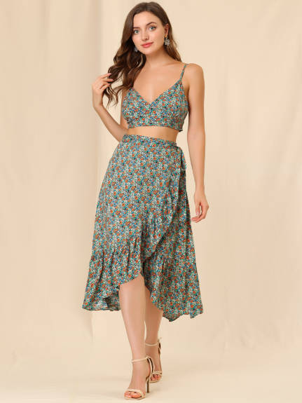 Allegra K- Strap Crop Top and Ruffle Wrap Skirt Set